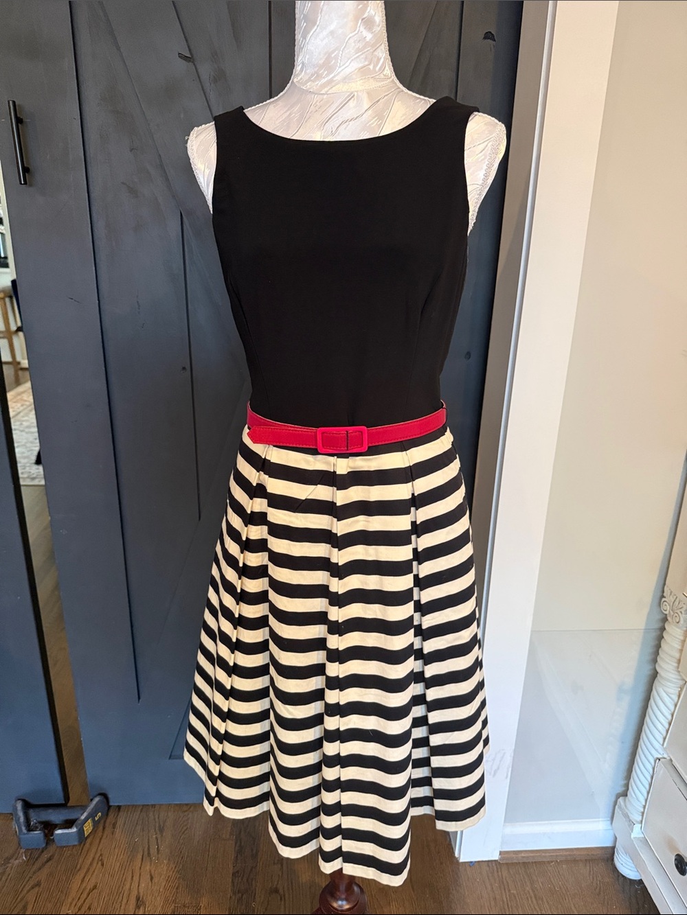 Eliza J Black Top Striped Skirt Fit-and-Flare Dress with Pink Belt